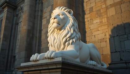 Majestic Stone Lion Sculpture in Sunlight Against Architectural Background