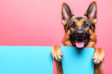 Obraz premium Cute dog branding. Isolated hound on a solid attire pink background. Ad-ready studio animal. Studio critter on white. Ð¡ute dog german shepherd hold in front paws a layout - large blue way si.