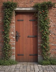 Fototapeta premium Rustic red brick wall, weathered wooden door, climbing vines , design, nature, doorway
