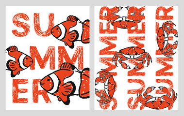 Summer. Amphiprion fish and crabs. Greeting card. Vector illustration