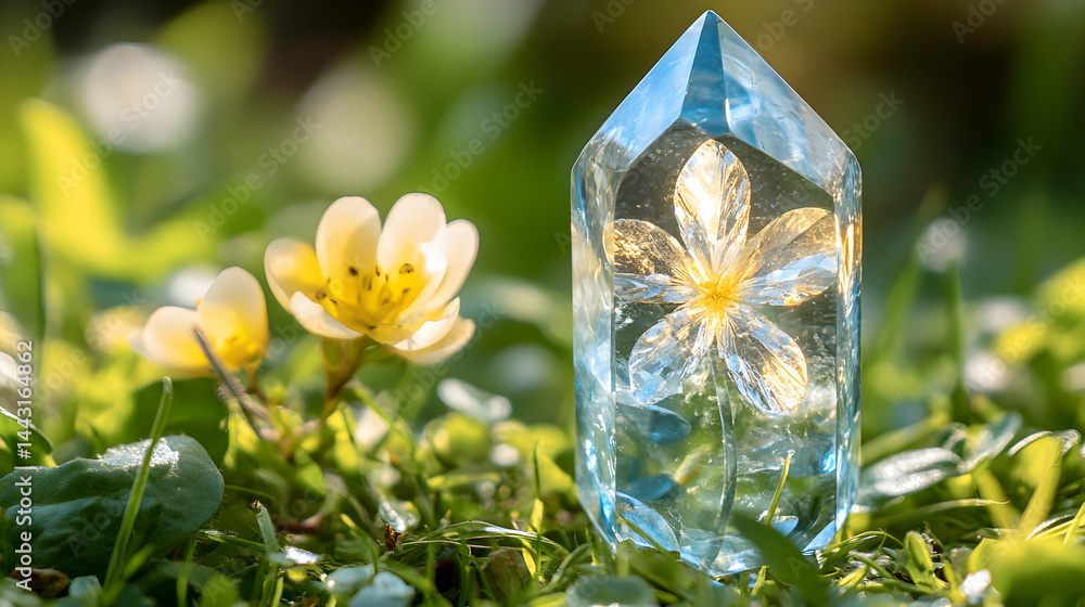 Poster crystal point with encased flower in spring meadow. a mesmerizing image of a crystal point containin