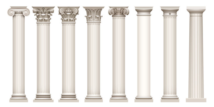 Marble antique columns and pillars of roman and greek architecture elements.