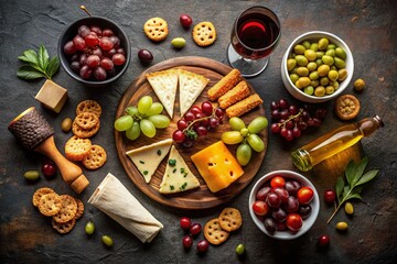 Vintage Flat Lay: Wine Snacks & Cheese Board on Black Background