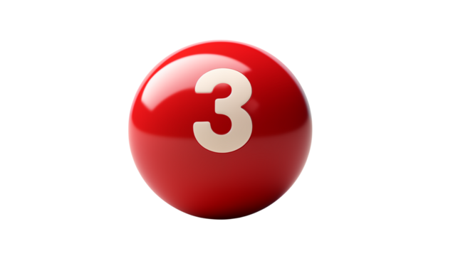 A single red billiard ball with the number three in the center spot isolated on transparent background	
