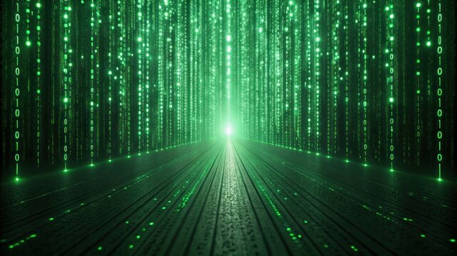 Matrix style digital rain green binary code falling downward direction
