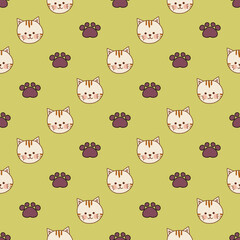 Vector seamless pattern with cute kitten and paw faces. Hand-drawn cat face concept. Cute animal design cards, texture for fabric, wrapping, textile, wallpaper, apparel and phone cases.