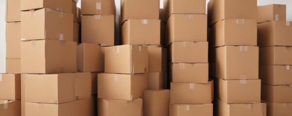 Neatly stacked brown cardboard boxes on white  , order, reuse, photography