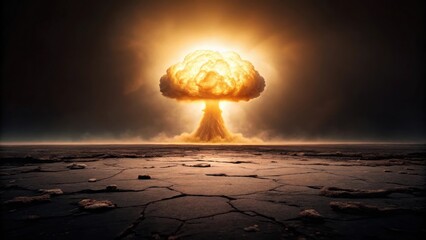 Nuclear explosion mushroom cloud over a cracked earth landscape generative ai image