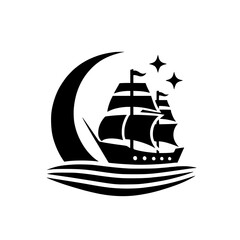 Nautical Silhouette: Ship, Moon, & Stars, Minimalist Design