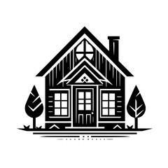 Minimalist Cottage Silhouette with Trees, Black and White Illustration