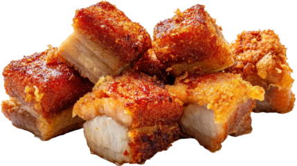 Delicious crispy pork belly pieces with a golden brown crust. transparent background