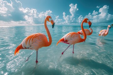 Three flamingos wading in shallow turquoise water under a bright sky.