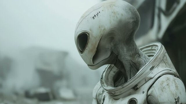 An enigmatic and mysterious alien presence in an abandoned, atmospheric landscape a captivating Sci-Fi concept