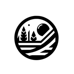 Minimalist Nature Icon: Trees, Sun, Landscape, Circle, Black & White