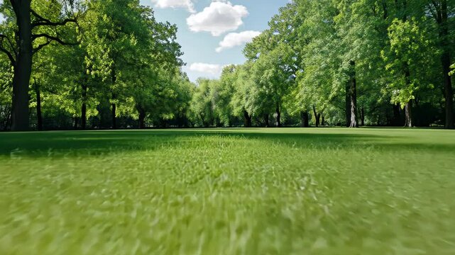 Lush green park grass, trees and sky.  Perfect for nature, relax, and escape backgrounds
