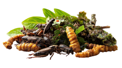 A pile of edible insects and larvae on green leaves. transparent background