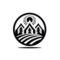 Minimalist Nature Logo: Mountains, Sun, and Trees in Circle