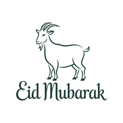 Minimalist Eid al-Adha Mubarak vector illustration featuring an Islamic mosque, lanterns, a sacrificial cow, and a goat in elegant line art style.