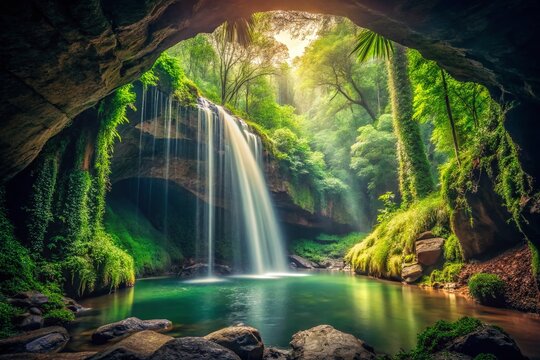 Vintage Photo: Hidden Mayei Underground Waterfall, Lush Jungle, Retro Film Grain