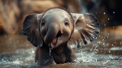 Fototapeta premium Joyful baby elephant splashing in water.