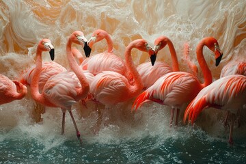 Obraz premium Pink flamingos wading amidst water currents.