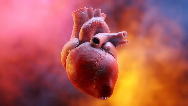 Realistic 3D rendering of a human heart against a vibrant colorful background.