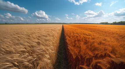 Split-screen aerial view showing agricultural transformation before and after precision farming with healthy and unhealthy crop fields
