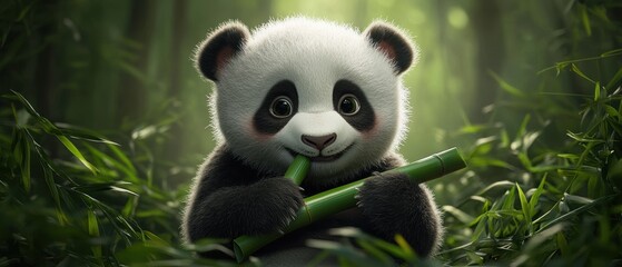 Obraz premium Cute panda enjoying bamboo in lush greenery.
