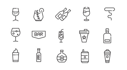 Cocktails line icon set. Drinks, party, club, alcoholic, bubble tea, vodka, pub, coffee, refreshment outline icon collection. UI thin outline icon pack