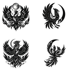 Obraz premium Rising Phoenix Silhouette with Crescent Moon – Symbolic Minimalist Tattoo or Logo Vector