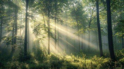 Obraz premium Misty morning in the forest, with soft light filtering through the trees. 