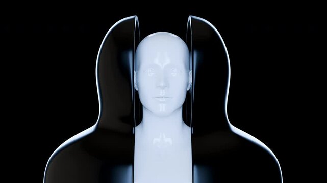 Opening black container, armor, or sarcophagus with white human inside. Minimal futuristic composition with character or robot from metal chrome. Abstract surreal fashion 3d animation.