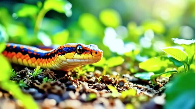 Vibrant colorful snake emerging from foliage in natural habitat.