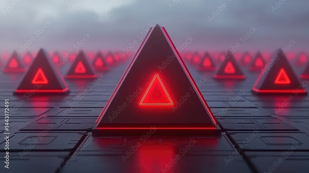 Poster striking red triangle on computer keyboard, symbol of modern technology red