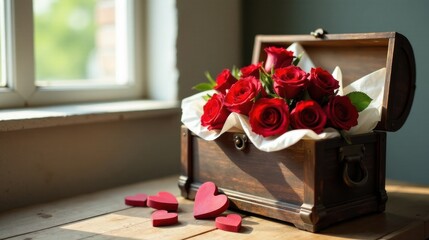 A Wooden Chest Overflowing with a Luxurious Bouquet of Deep Red Roses, Enhanced by Small Red Hearts Scattered on a Wooden Surface Near a Sunlit Window