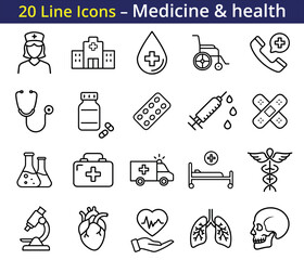 Medical and health icon set. doctor, medicine, hospital, treatment, healthcare, ambulance, heart, Lungs, first aid, syringe