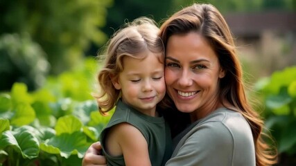 A joyful mother and child share smiles while enjoying their time together in a lush green environment, celebrating Mother's Day