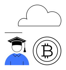Cloud outline, student in graduation cap, Bitcoin sign exploring technology, learning, finance, blockchain. Ideal for education technology, digital assets, e-learning decentralization innovation