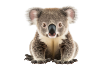 Young koala, Phascolarctos cinereus, 14 months old, sitting in front of white background PNG