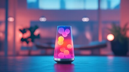 A colorful lava lamp sits on a table, casting vibrant hues in a contemporary living room