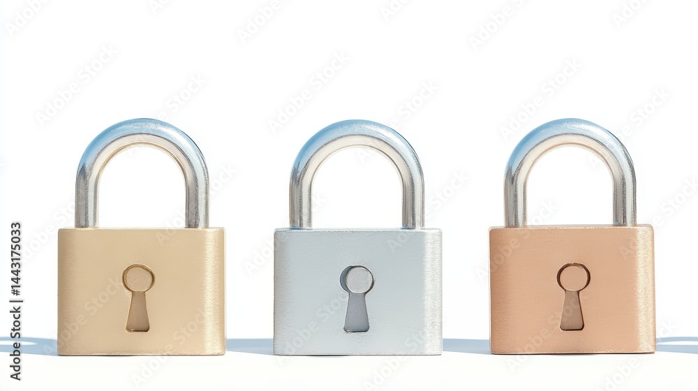 Poster enhanced security, three padlocks with key symbolizing protection and access control