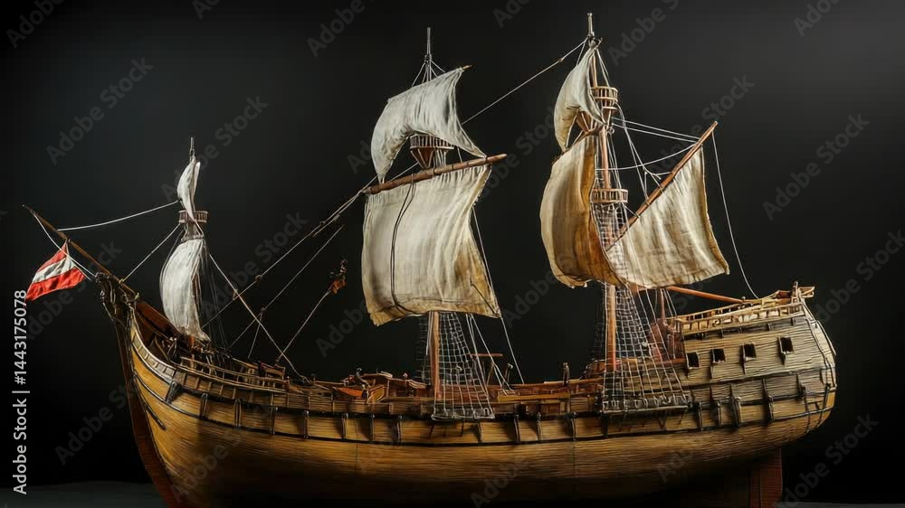 Poster a detailed wooden model of a sailing ship displayed on a table.
