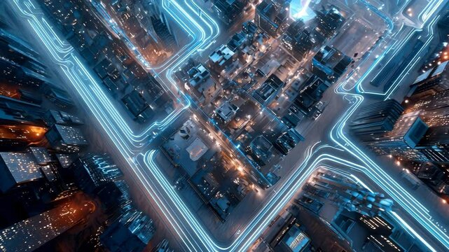 Futuristic aerial views of neon-lit megacities at night, with glowing skyscrapers, energy bridges, and high-tech cityscapes in motion, featuring vibrant sci-fi atmospheres.
