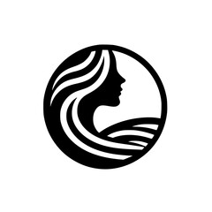 Silhouette of a Woman's Face with Flowing Hair Within a Circle, Minimalist Graphic