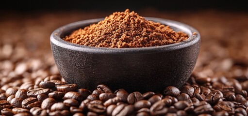 Aromatic Instant Coffee Powder in a Dark Bowl, Surrounded by Roasted Coffee Beans