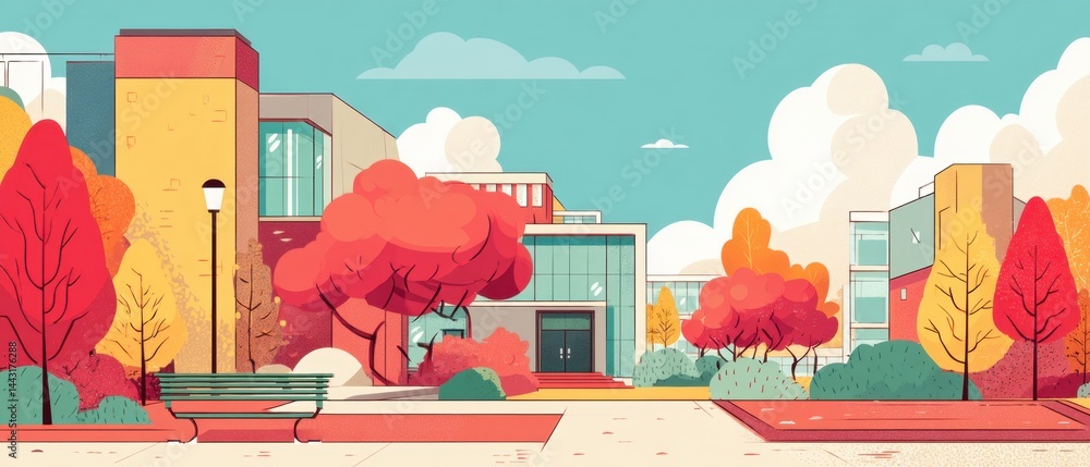 Poster vibrant university campus scene with colorful buildings and autumnal trees in a flat vector style ca