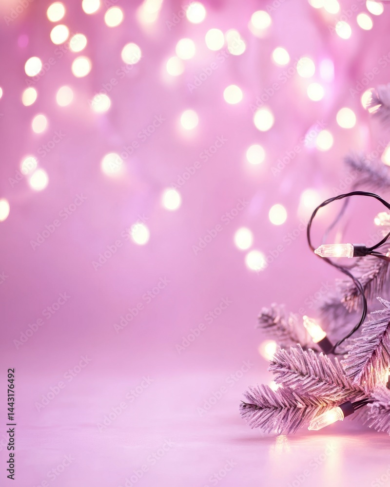 Aufkleber festive frosted christmas tree branch adorned with glowing string lights on soft pink background for