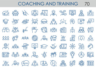 Set of 70 line icons related to training, coaching, mentoring, education, meeting, conference, teamwork. Outline icon collection. Editable stroke. Vector illustration