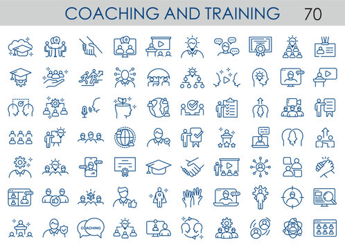 Set of 70 line icons related to training, coaching, mentoring, education, meeting, conference, teamwork. Outline icon collection. Editable stroke. Vector illustration