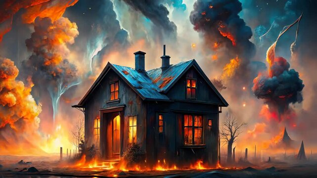 A lonely house stands amidst a fiery, apocalyptic landscape, seemingly untouched by the surrounding chaos.